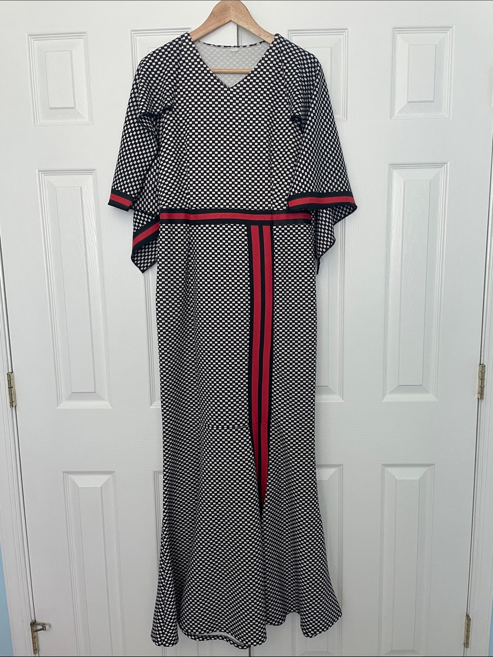 Black & White Checkered Maxi Dress with Red Trim